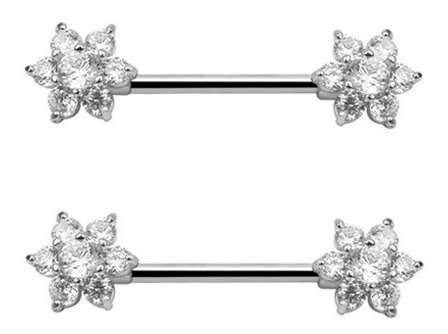 Piercing Para Mamilo Prata Pedra Zirconia Flor Coração Par