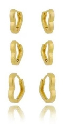 Trio Brinco Argola Coração Dourado Folheado A Ouro 18k