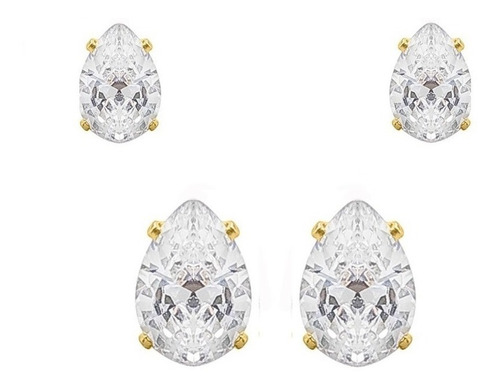 Dupla Brinco Pedra Zirconia Gota Dourado Folheado Pt De Luz