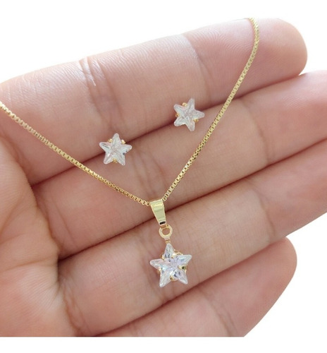 Conjunto Colar E Brinco Pedra Zirconia Estrela Banhado Ouro
