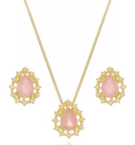 Conjunto Colar E Brinco Gota Pedra Rosê Zirconia F Ouro 18k
