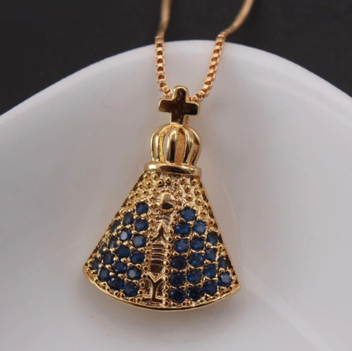 Colar Pingent Nossa Senhora Aparecida Zircônia Azul Folheado