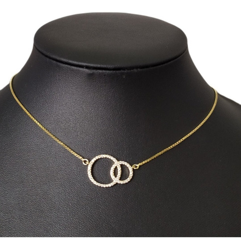 Colar Pedra Zirconia Círculo Duplo Aliança Folheado Ouro 18k