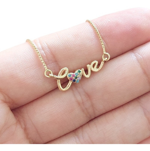 Colar Pedra Zirconia Dourado Ouro 18k Semijoia Love Colorido