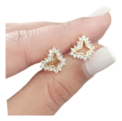 Brinco Zirconia Dourado Dama Daminha Folheado Ouro Borboleta