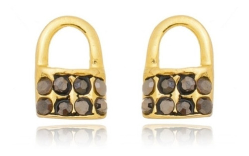 Brinco Pedra Hematita Cadeado Pequeno 2 3 Furo Folheado Ouro