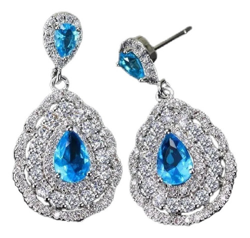 Brinco Noiva Pedra Zirconia Prata Gota Debutante Azul Claro