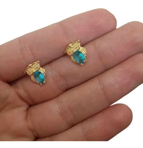 Brinco Infantil Coruja Pedra Zirconia Dourado Rosa Azul Verm