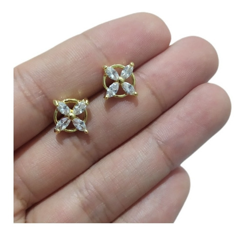 Brinco Pequeno Pedra Zirconia Dourado F. Ouro Dama Daminha