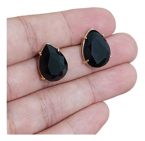 Brinco Gota Grande Pedra Zirconia Festa Preto Dourado Folhea