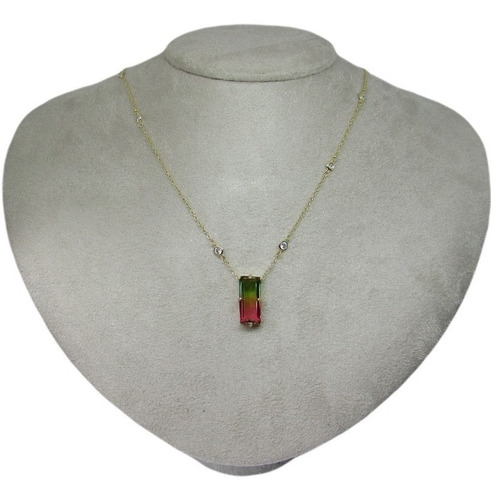 Colar Tiffan Zirconia Verde Rosa Geométrico Semi Joia 18k