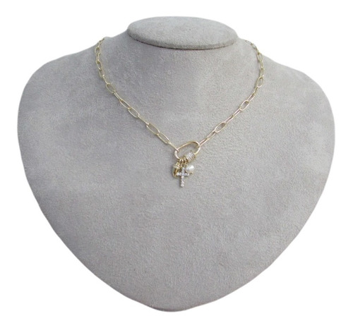 Colar Corrente Mosquetão Cruz Pérola Pedra Zirconia Semijoia