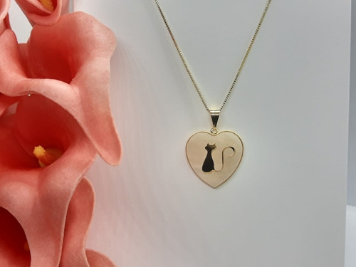 Colar C/ Pingente Madre Pérola Coração Gato Gatinho Semijoia