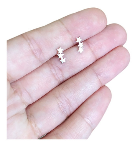 Brinco Infantil 2 Furo Prata Aço Cirúrgico Estrela Triplo