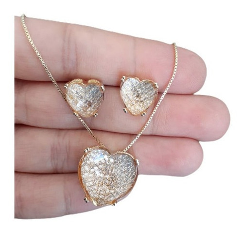 Conjunto Colar E Brinco Coração Pedra Quartzo Lapidada