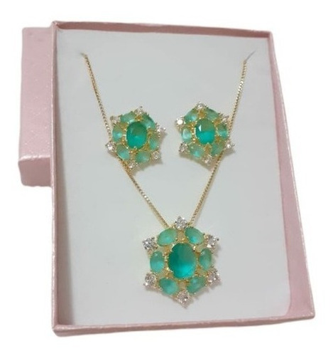 Conjunto Colar E Brinco Pedra Verde Zirconia Oval F Ouro 18k