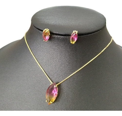 Conjunto Colar E Brinco Navete Degradê Pedra Zirconia Rosa