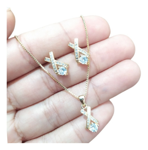 Conjunto Colar Brinco Dama Daminha Noiva Dourado Zirconia