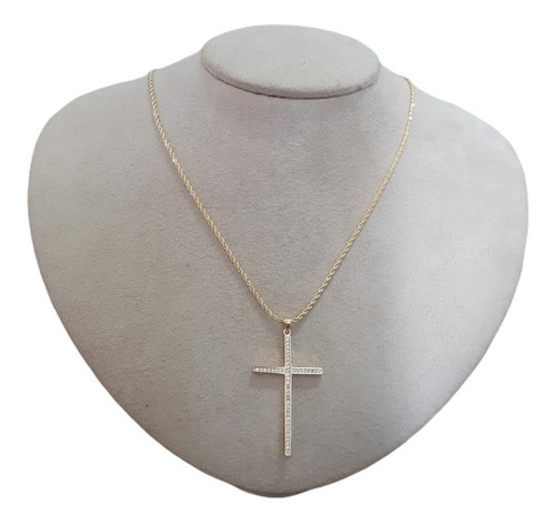 Colar Comprido Cruz Cravejado De Zirconia Dourado F Ouro 18k