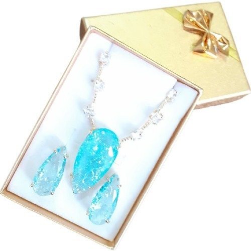 Conjunto Colar E Brinco Zirconia Fusion Gota Azul Super Luxo