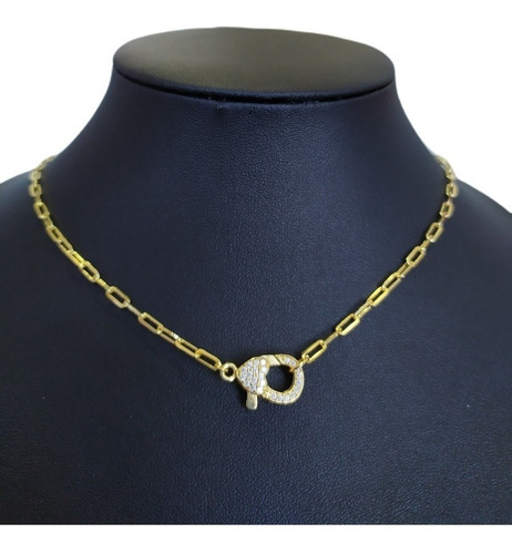 Colar Corrente Mosquetão Fecho Pedra Zirconia Semijoia