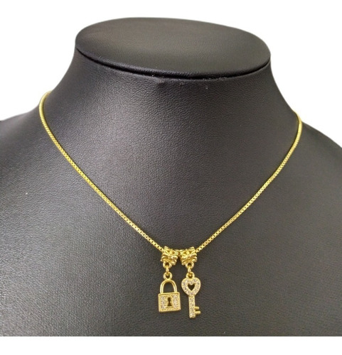 Colar Pingente Chave Cadeado Pedra Zirconia Folheado Ouro