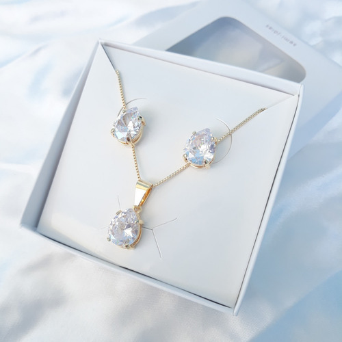 Conjunto Colar Brinco Gota Zirconia Verde Azul Preto F. Ouro