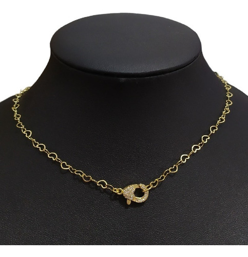 Colar Corrente Mosquetão Pedra Zirconia Coração Semijoia