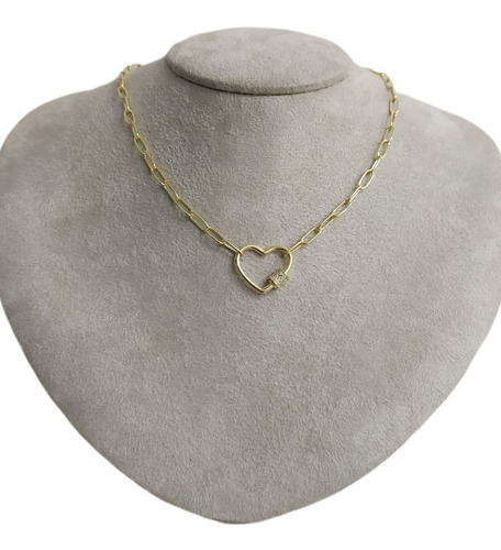 Colar Corrente Mosquetão Pedra Zirconia Coração Semijoia