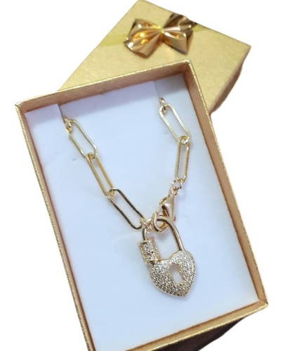 Colar Corrente Mosquetão Pedra Zirconia Coração Semijoia