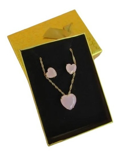 Conjunto Colar E Brinco Coração Pedra Rosa Leitosa Folheado Ouro 18k Pedra Rosê Semi Joia Com Garantia
