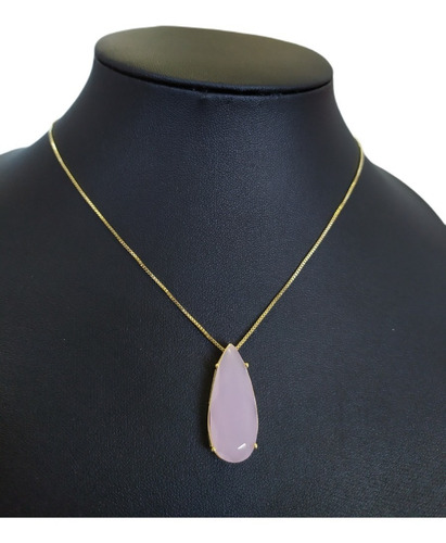 Colar Pedra Zirconia Gota Rosa Leitosa Rosê Folheado Ouro 18