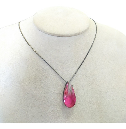Colar Gota Grande Zirconia Rosa Degradê Rodio Negro Rainbow