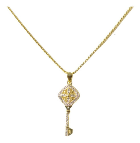Colar Pingente Chave Pedra Zirconia Dourada Folheado Ouro 18