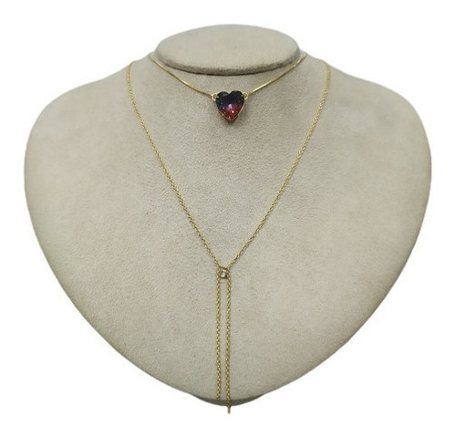 Colar Gravatinha Coração Zirconia Rainbow F. Ouro Azul Verme