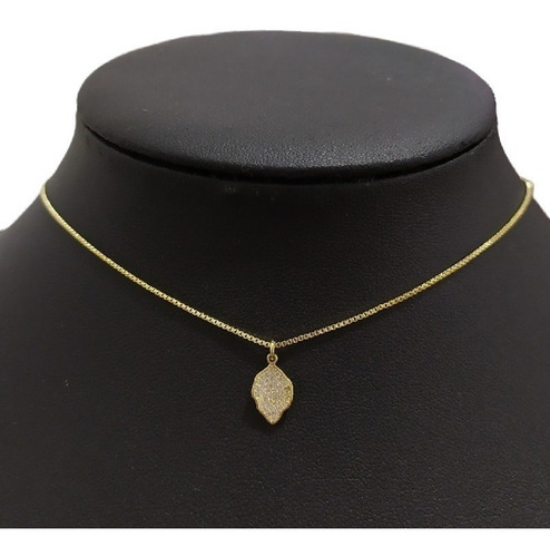 Colar Folha Pedra Zirconia Dourado Ouro 18k Semijoia