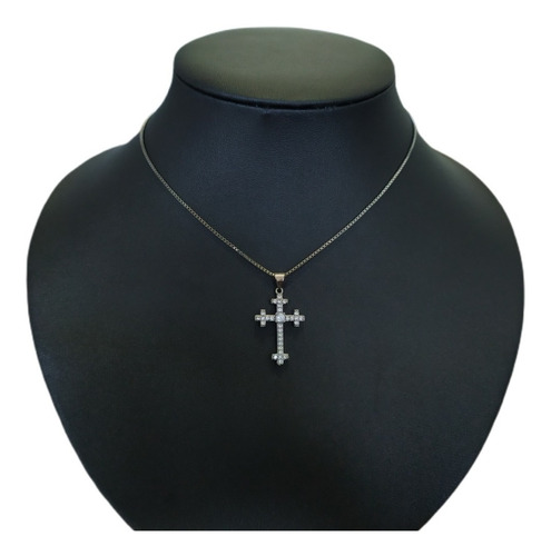 Colar Cruz Crucifixo Grafite Pedra Zirconia Rodio Negro