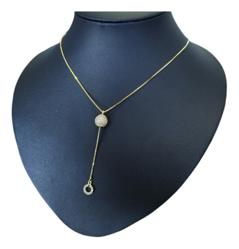 Colar Gravatinha Globo Zirconia Dourado F. Ouro Semi Joia