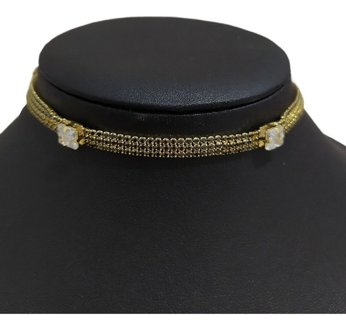 Colar Chocker Dourado Preto Pedra Zirconia Folheado Ouro 18k