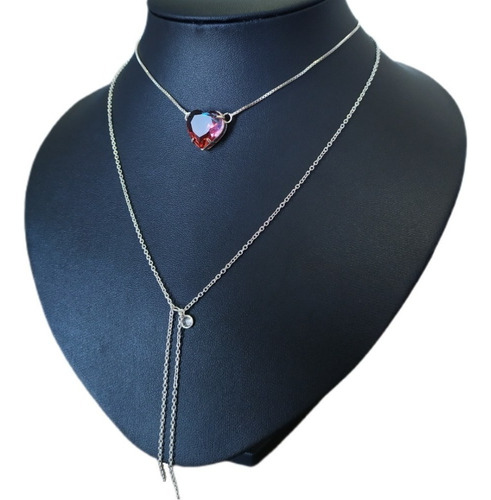 Colar Gravatinha Coração Zirconia Rainbow F. Prata Azul