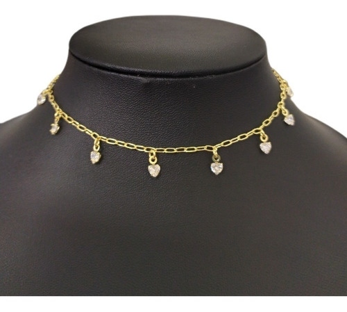 Colar Chocker Pedra Zirconia Coração F. Ouro 18k Semi Joia