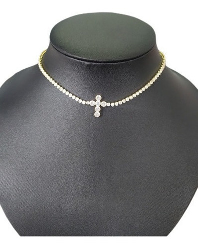 Colar Chocker Dourado Riviera Cruz Pedra Zirconia Folheado