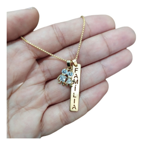 Colar Família Menino Menina Pedra Zirconia F. Ouro Semijoia