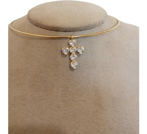 Colar Chocker Cruz Crucifixo Pedra Zirconia Folheado A Ouro