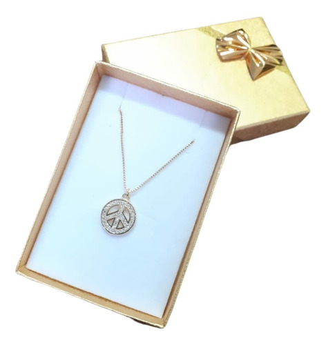 Colar Símbolo Da Paz Hippie Pedra Zirconia F. Ouro Semijoia