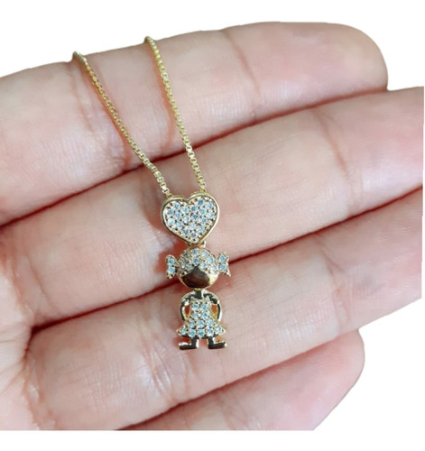 Colar Pingente Menininha Pedra Zirconia Dourado Folheado 18k