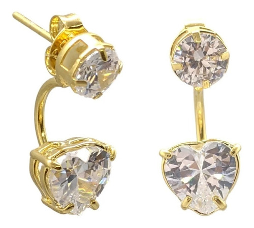 Brinco Ear Jacket Pedra Zirconia Dourado Semi Joia Coração