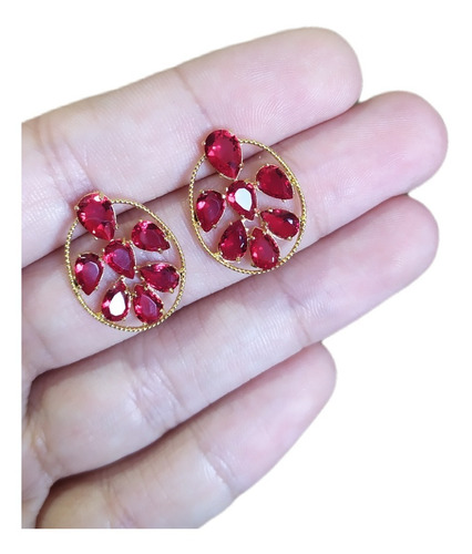 Brinco Dourado Pedra Zirconia Verde Azul Vermelho festa