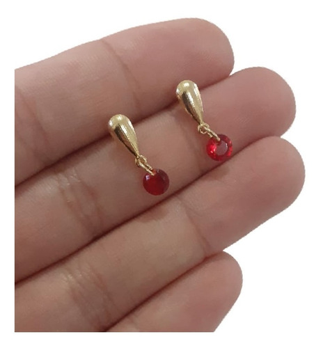 Brinco Infantil Pendurado Pedra Zirconia Dourado Vermelho