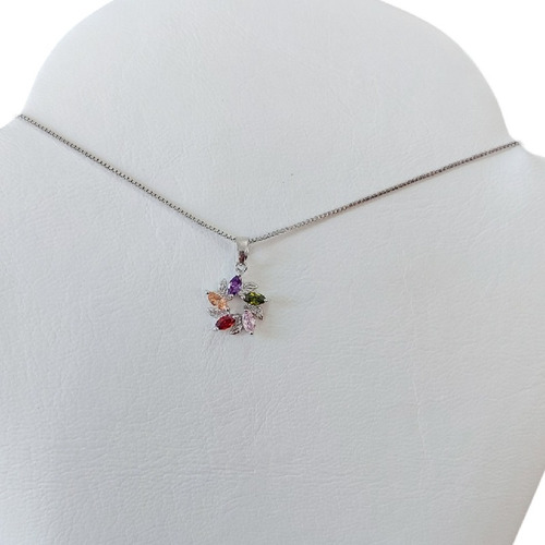 Colar Pedra Zirconia Colorida Flor Semijoia Folheado A Ródio